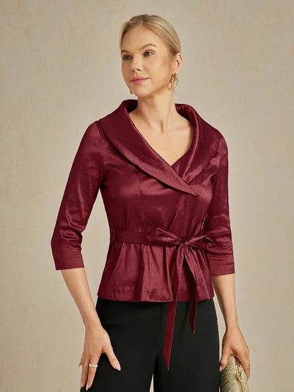 3/4 Sleeve Stretch Taffeta Blouse with Tie Waist Detail