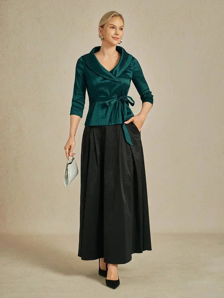 3/4 Sleeve Stretch Taffeta Blouse with Tie Waist Detail