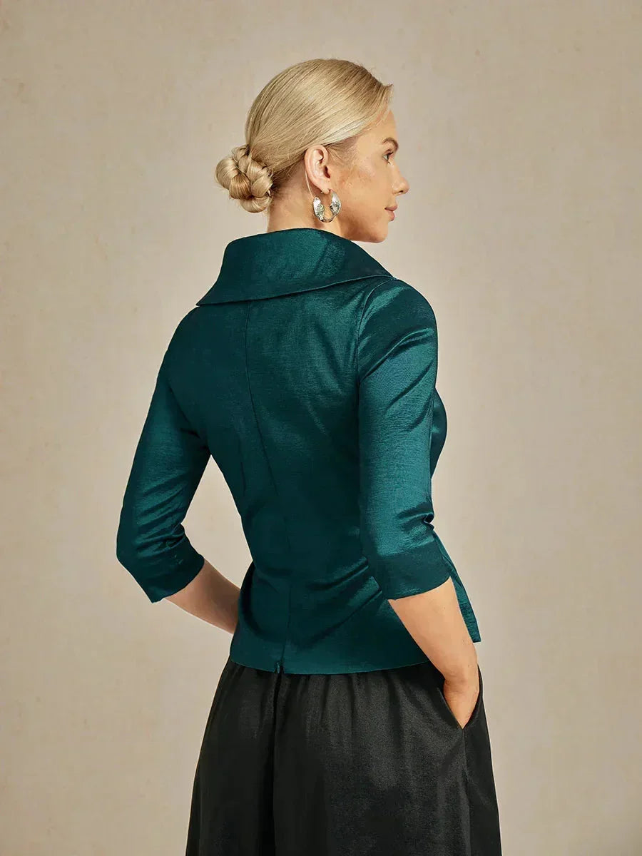 3/4 Sleeve Stretch Taffeta Blouse with Tie Waist Detail