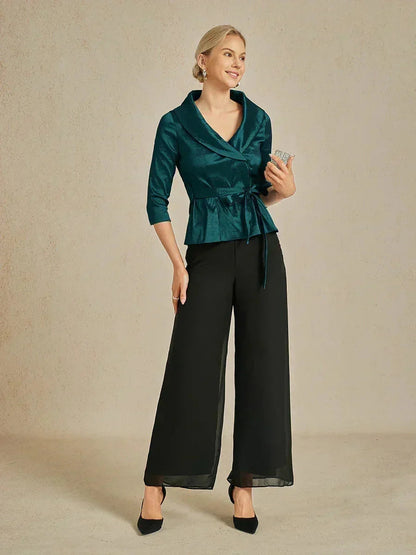 3/4 Sleeve Stretch Taffeta Blouse with Tie Waist Detail