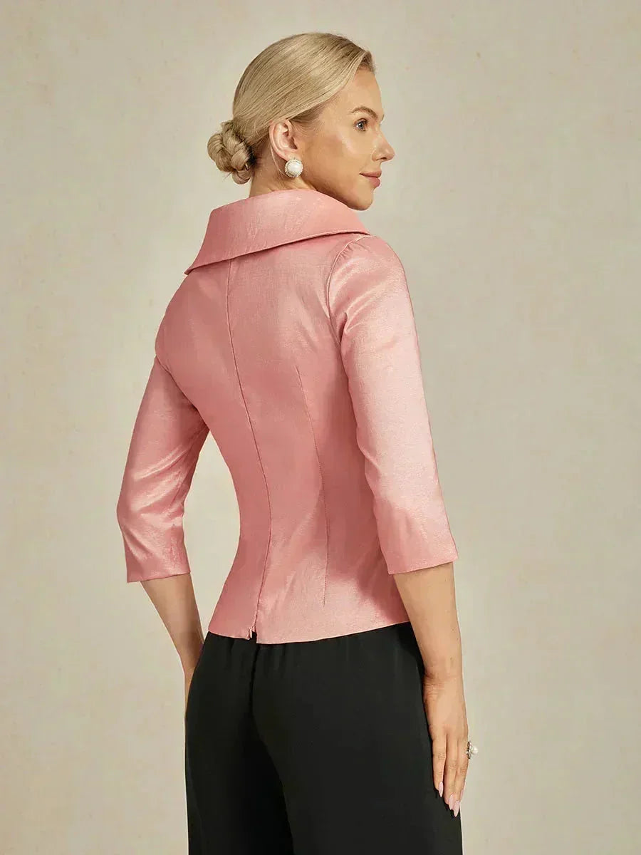 3/4 Sleeve Stretch Taffeta Blouse with Tie Waist Detail