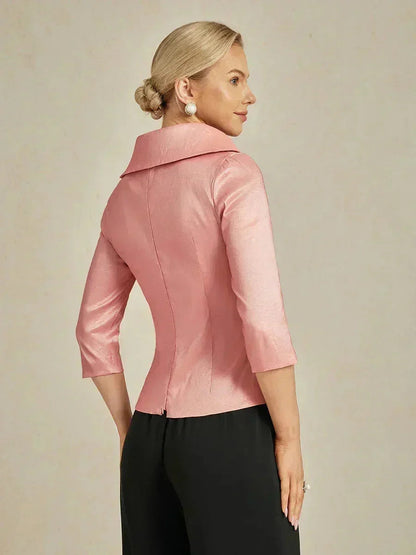 3/4 Sleeve Stretch Taffeta Blouse with Tie Waist Detail
