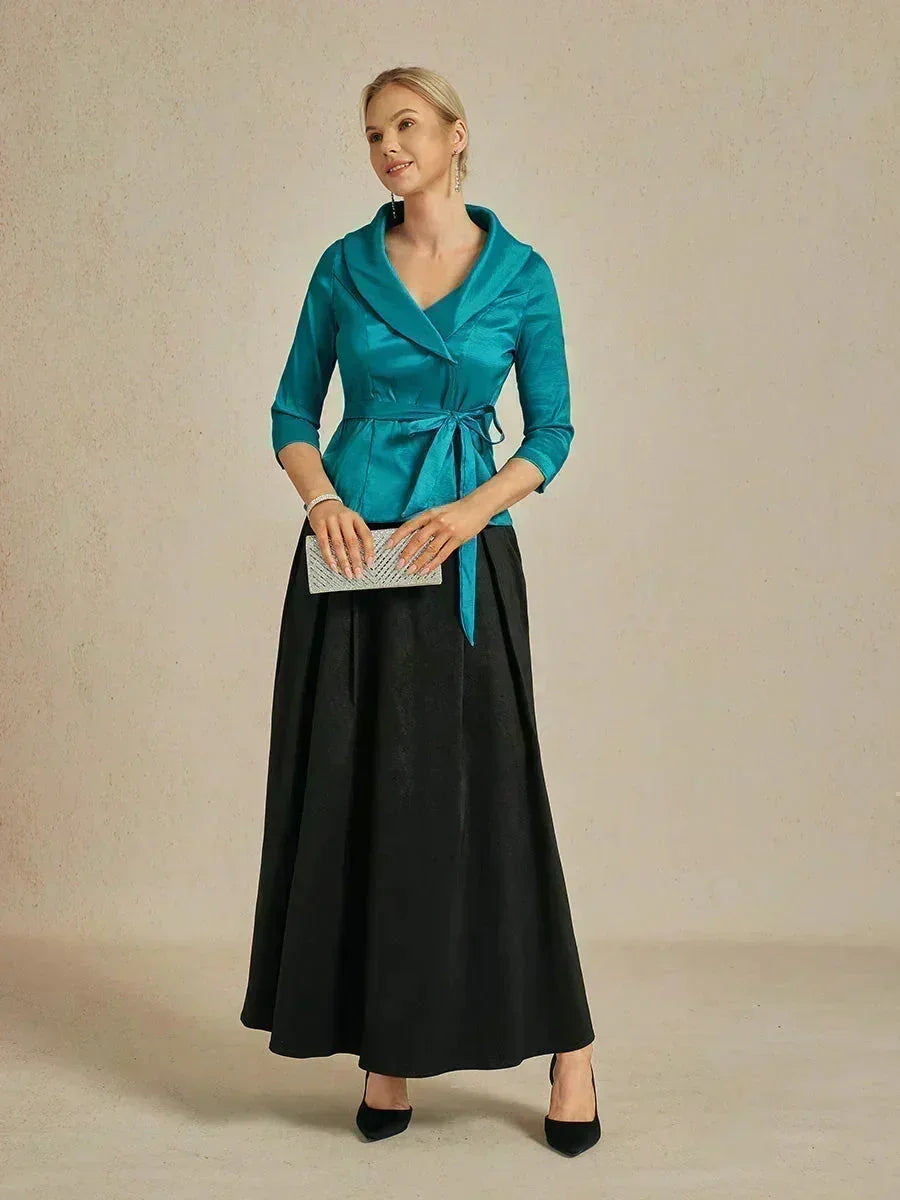 3/4 Sleeve Stretch Taffeta Blouse with Tie Waist Detail