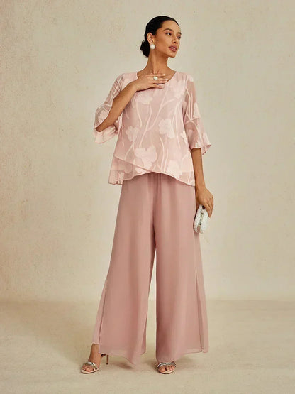 Lace Straight Leg Pant With Chiffon Split Leg Overlay