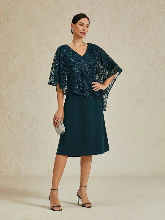 Sequin Knee Length V Neck Overlay Dress