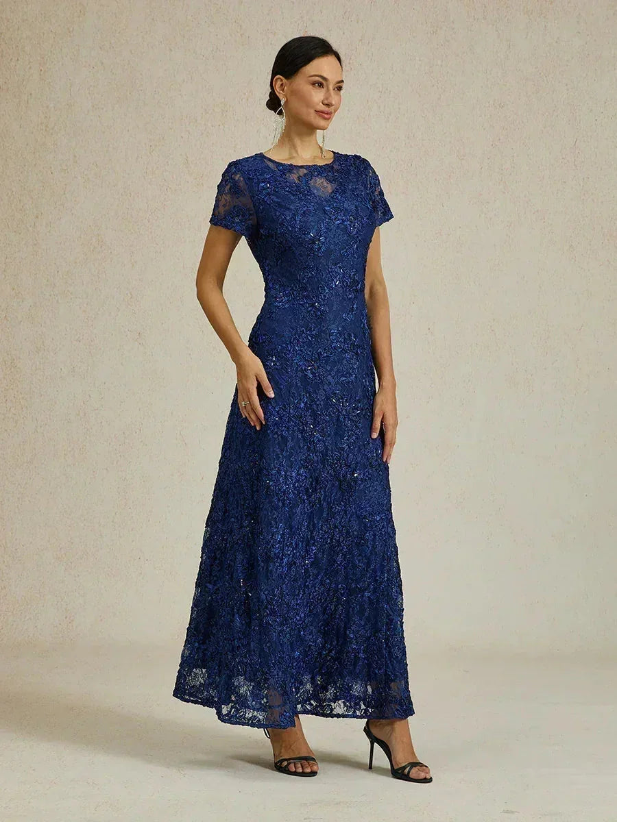 Rosette Lace A-Line Gown with Sequin Embellishment