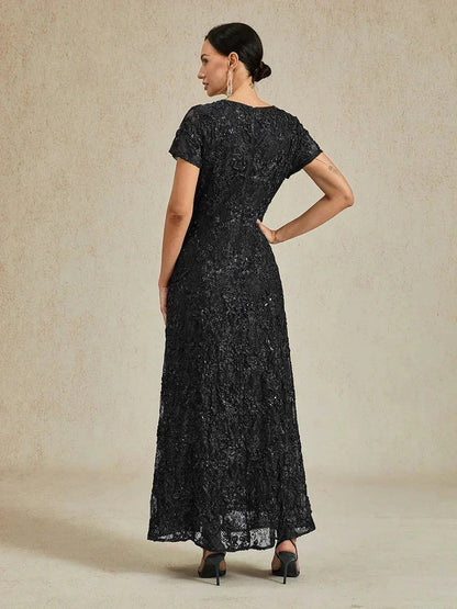 Rosette Lace A-Line Gown with Sequin Embellishment