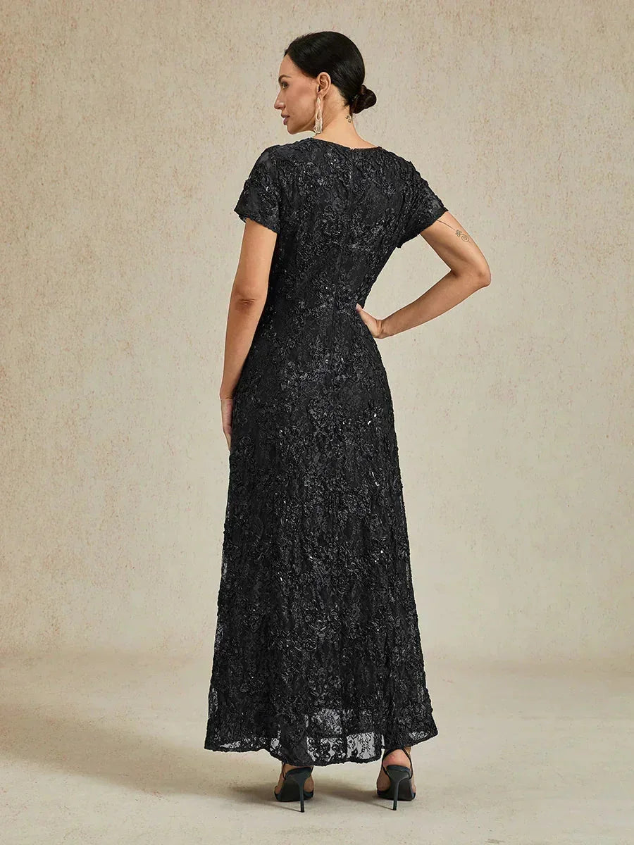 Rosette Lace A-Line Gown with Sequin Embellishment