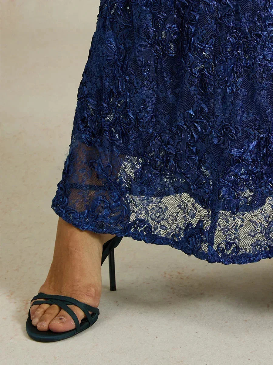 Rosette Lace A-Line Gown with Sequin Embellishment