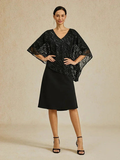 Sequin Knee Length V Neck Overlay Dress