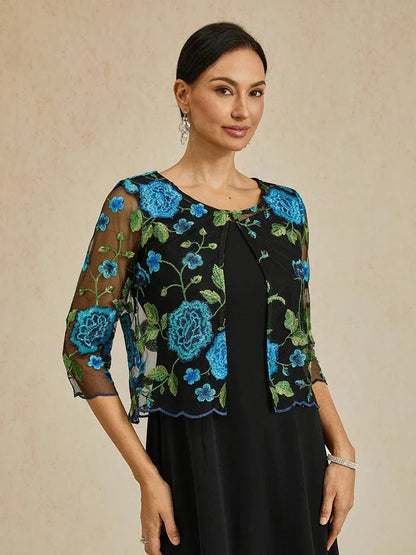 Floral Embroidered Lace Jacket With Scallop Detail