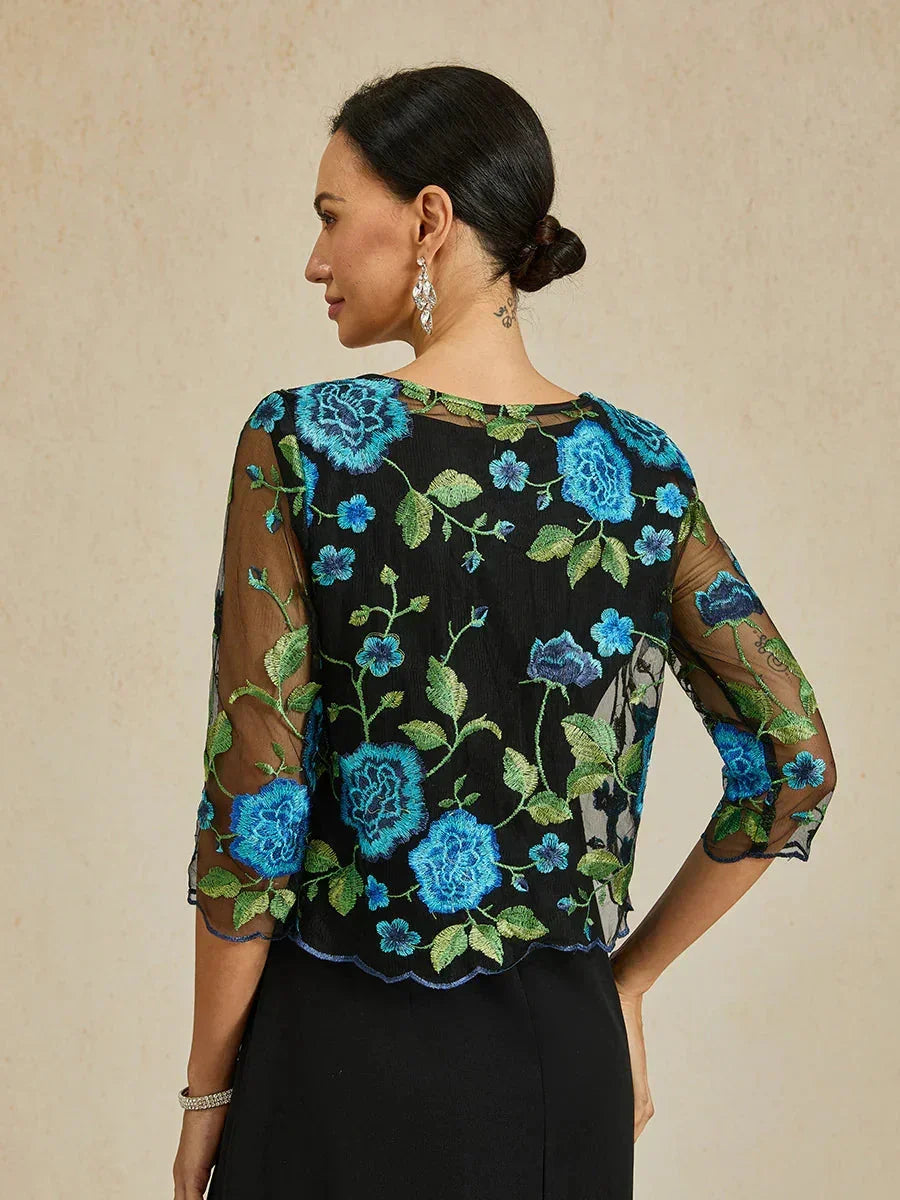Floral Embroidered Lace Jacket With Scallop Detail