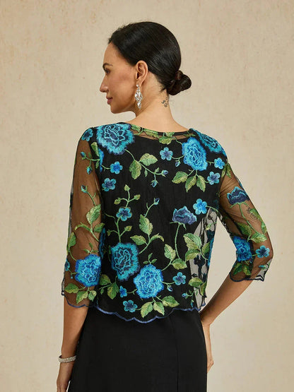 Floral Embroidered Lace Jacket With Scallop Detail