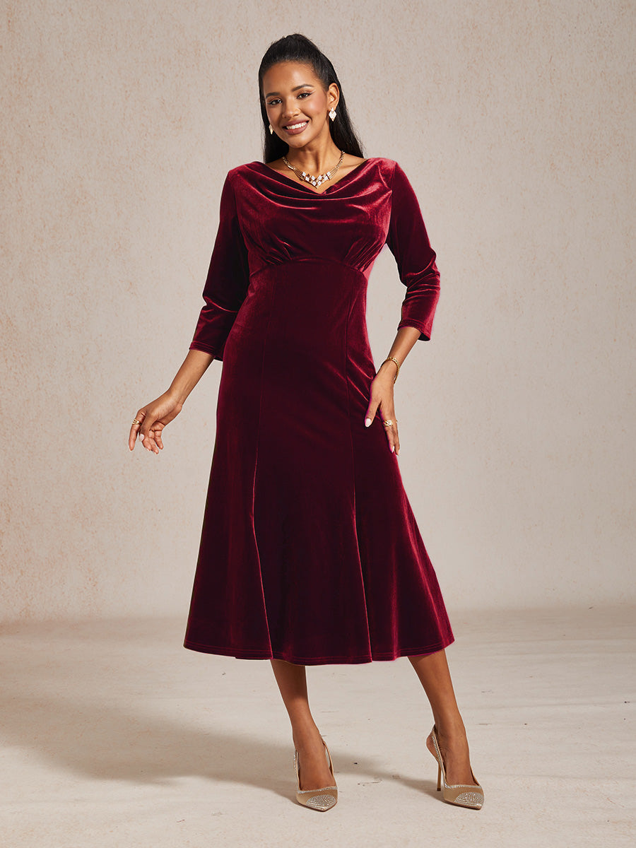 High-Stretch Velvet Sleeveless Midi Dress with Cowl Neck