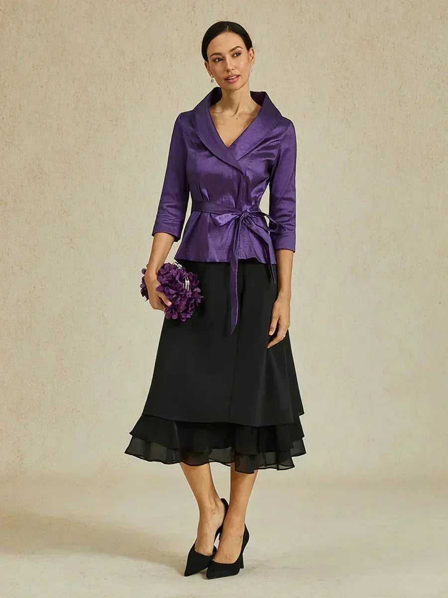3/4 Sleeve Stretch Taffeta Blouse with Tie Waist Detail