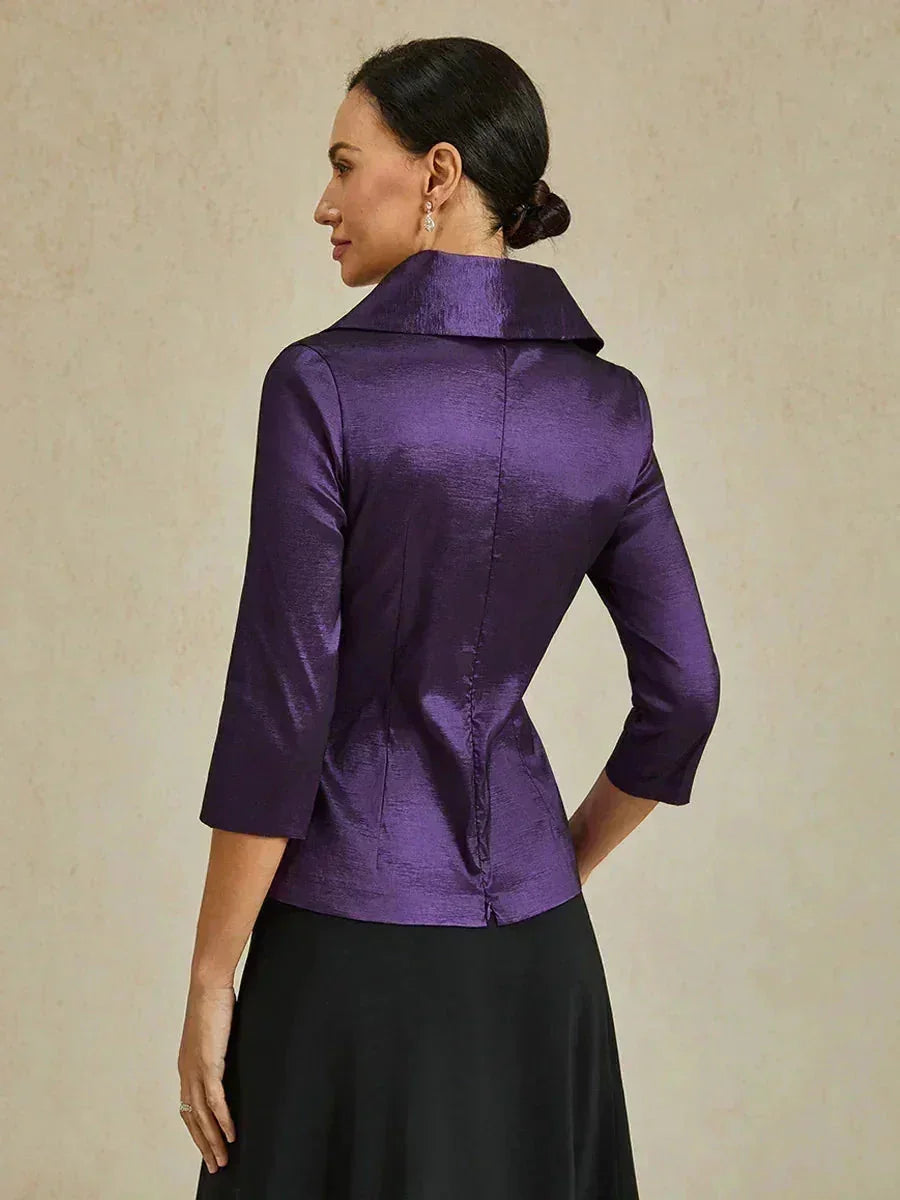 3/4 Sleeve Stretch Taffeta Blouse with Tie Waist Detail