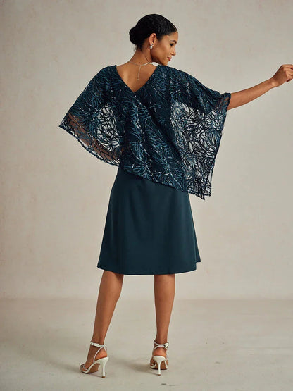 Sequin Knee Length V Neck Overlay Dress