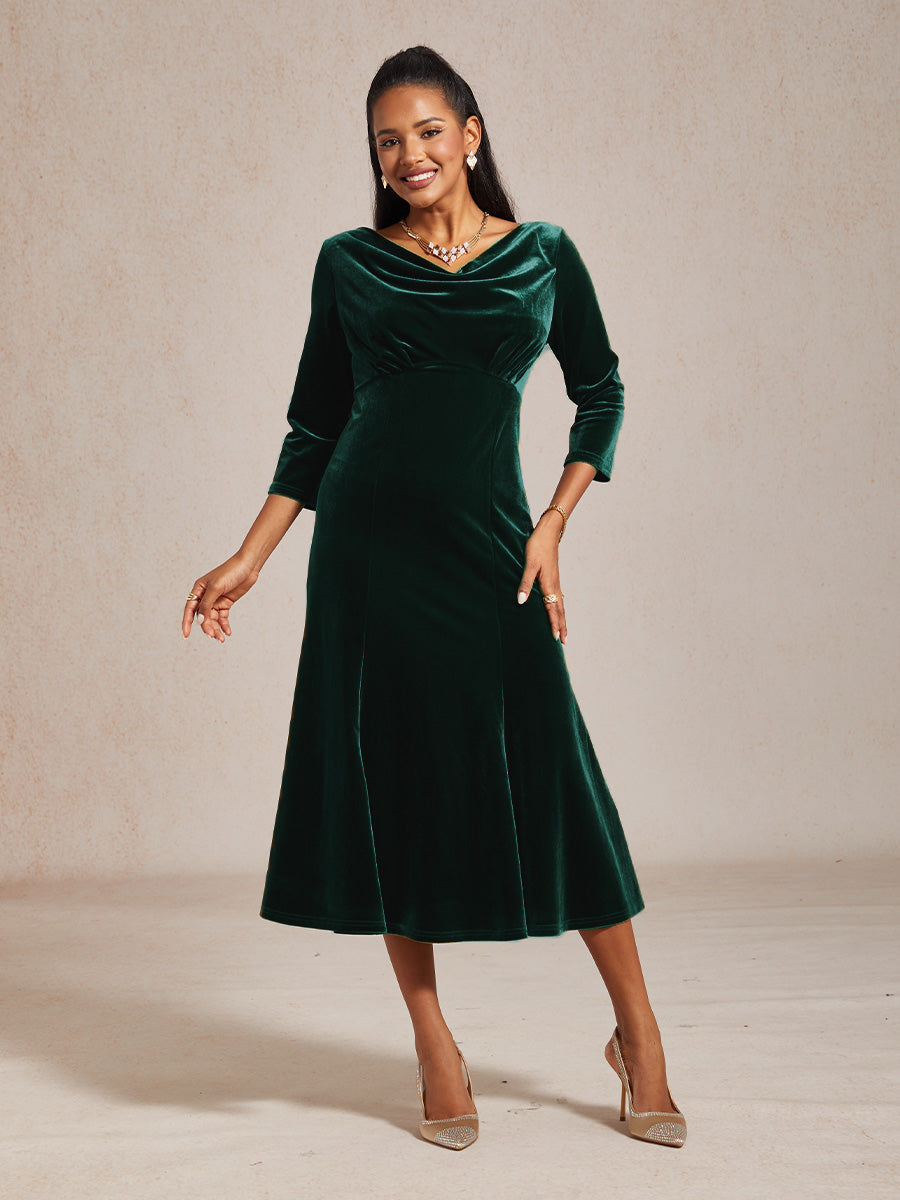 High-Stretch Velvet Sleeveless Midi Dress with Cowl Neck
