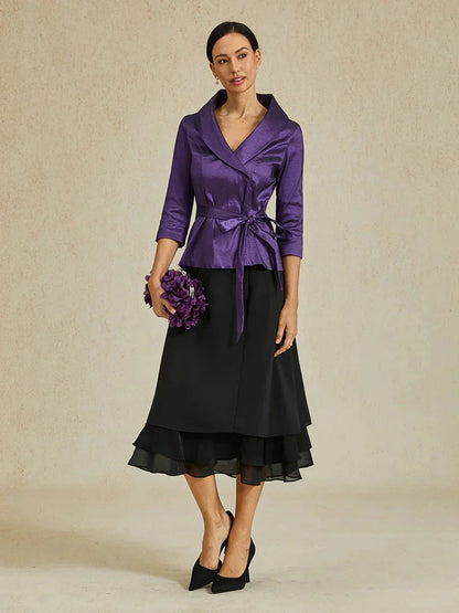 3/4 Sleeve Stretch Taffeta Blouse with Tie Waist Detail