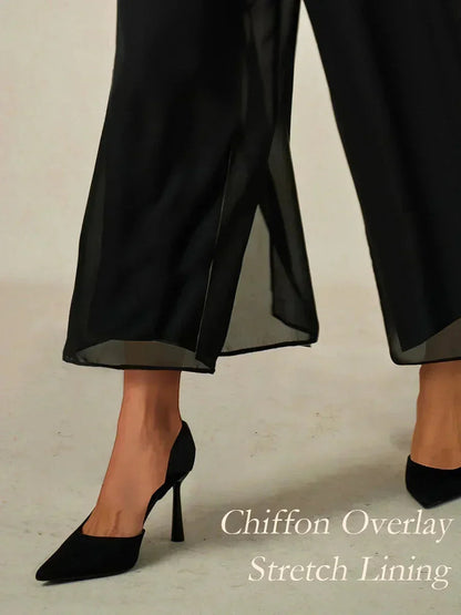 Cropped Length Straight Leg Pant With Chiffon Split Leg Overlay