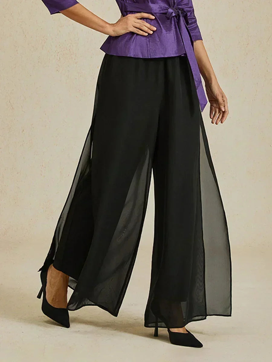 Lace Straight Leg Pant With Chiffon Split Leg Overlay