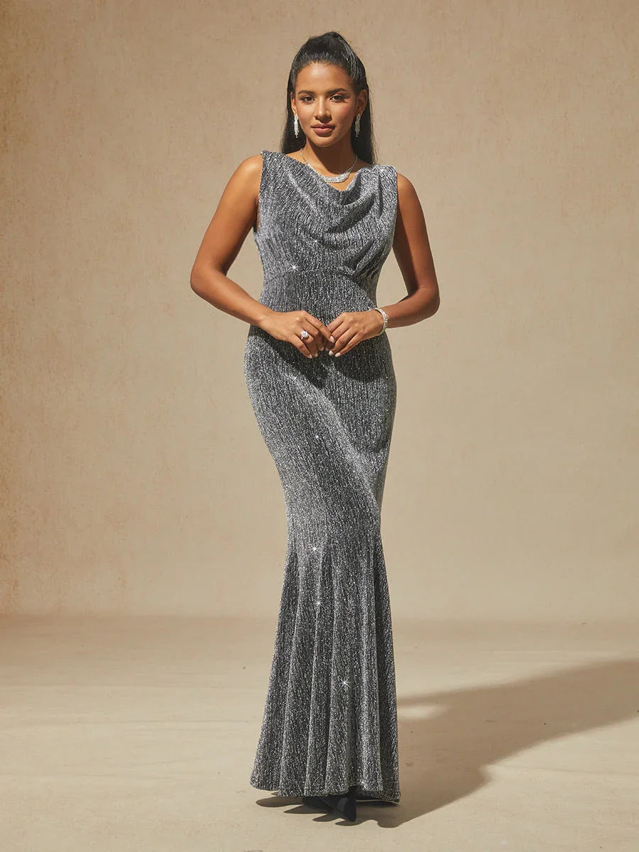 High-Stretch Velvet Sleeveless Midi Dress with Cowl Neck