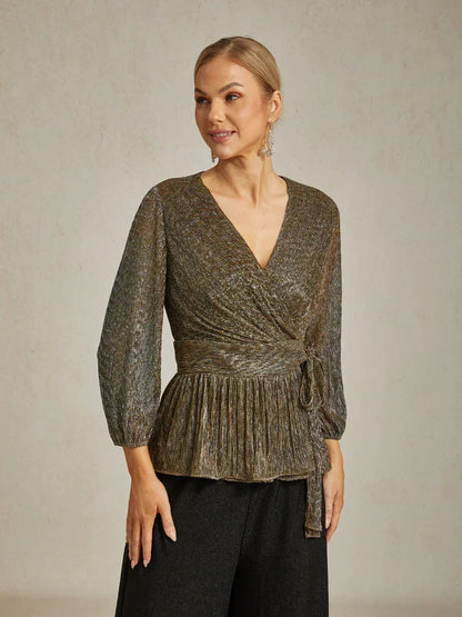 Metallic Pleated Chiffon Evening Wrap Top