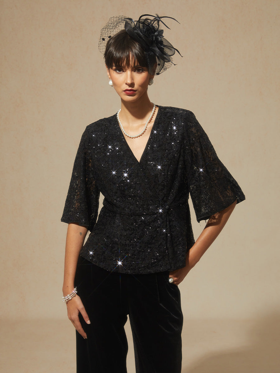 3/4 Sleeve Stretch Lace Blouse with Sequin Detail