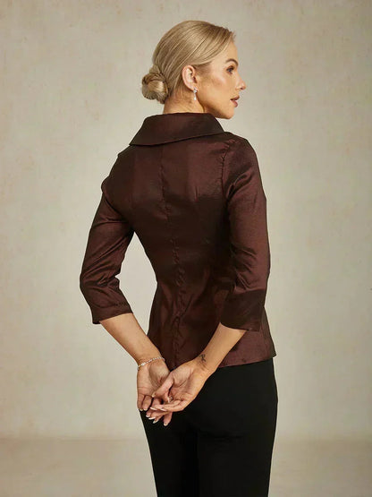 3/4 Sleeve Stretch Taffeta Blouse with Tie Waist Detail