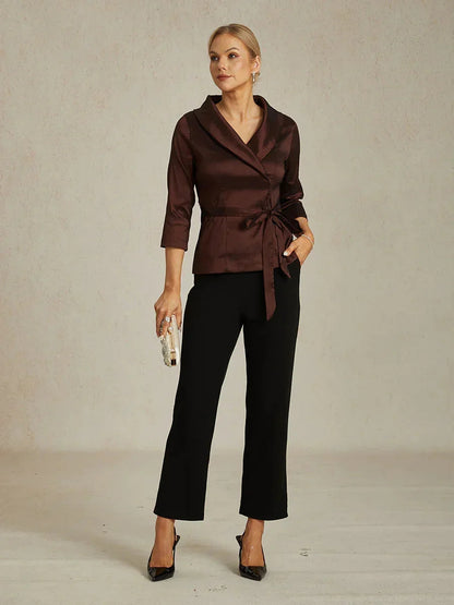 3/4 Sleeve Stretch Taffeta Blouse with Tie Waist Detail