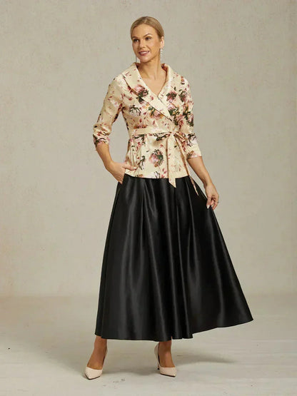 3/4 Sleeve Stretch Taffeta Blouse with Tie Waist Detail