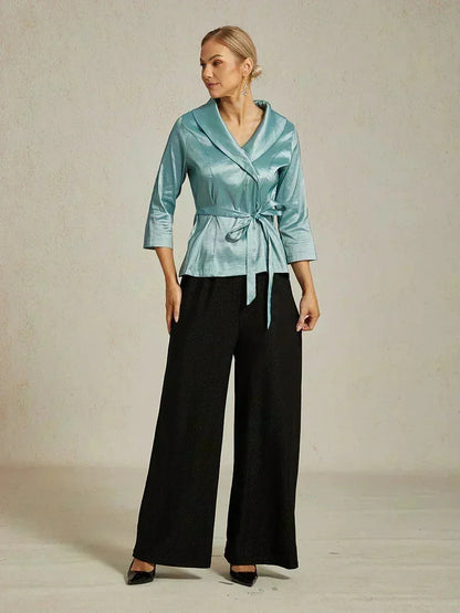 3/4 Sleeve Stretch Taffeta Blouse with Tie Waist Detail