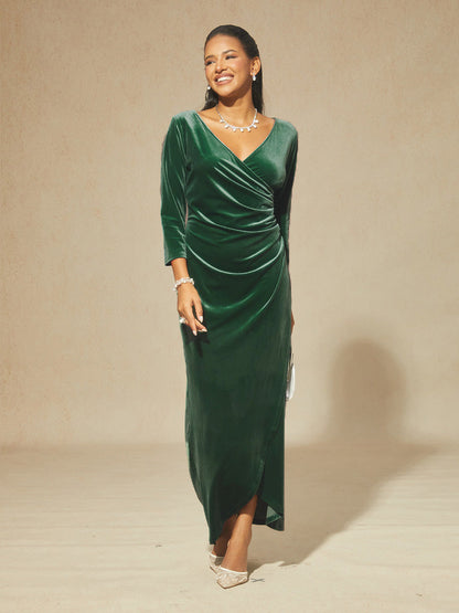 Long Stretch Velvet Evening Dress with 3/4 Sleeves