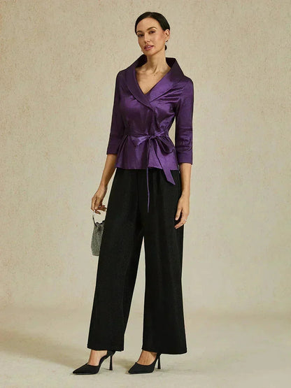 3/4 Sleeve Stretch Taffeta Blouse with Tie Waist Detail