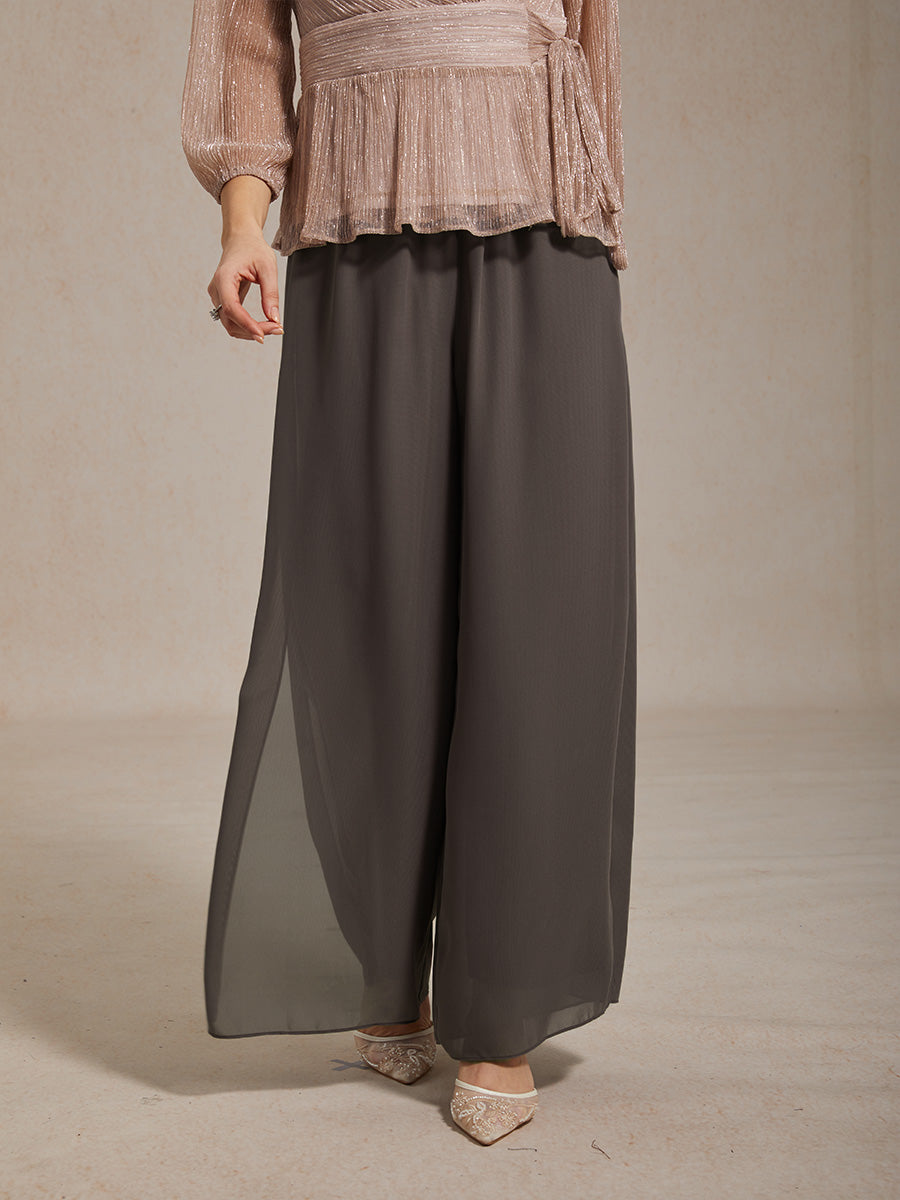 Lace Straight Leg Pant With Chiffon Split Leg Overlay