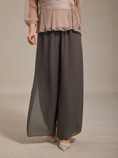 Lace Straight Leg Pant With Chiffon Split Leg Overlay