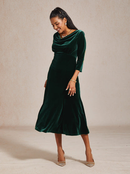 High-Stretch Velvet Sleeveless Midi Dress with Cowl Neck