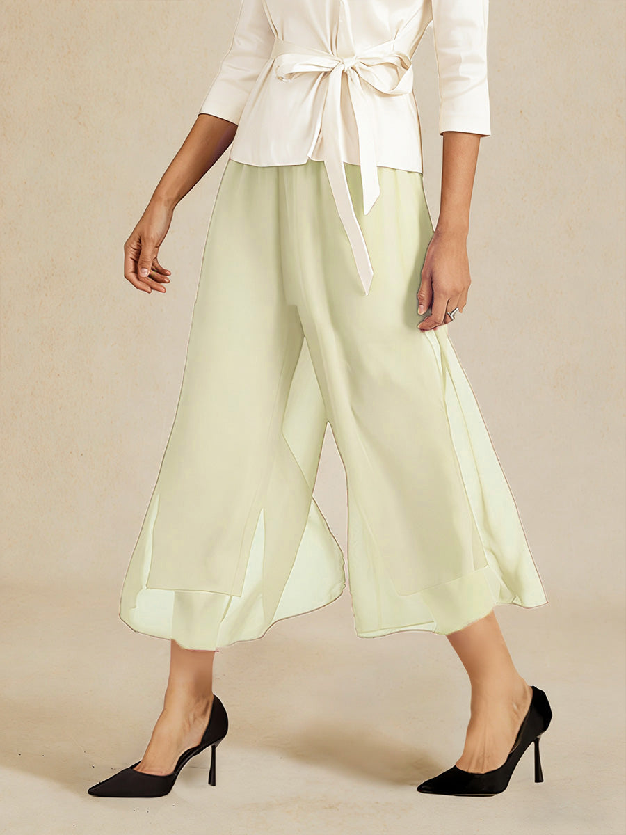 Cropped Length Straight Leg Pant With Chiffon Split Leg Overlay