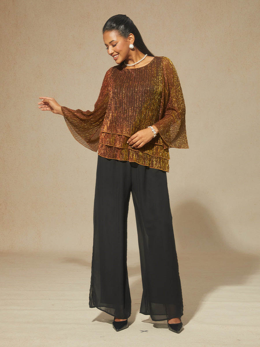 Metallic Pleated Chiffon Asymmetrical Layered Blouse