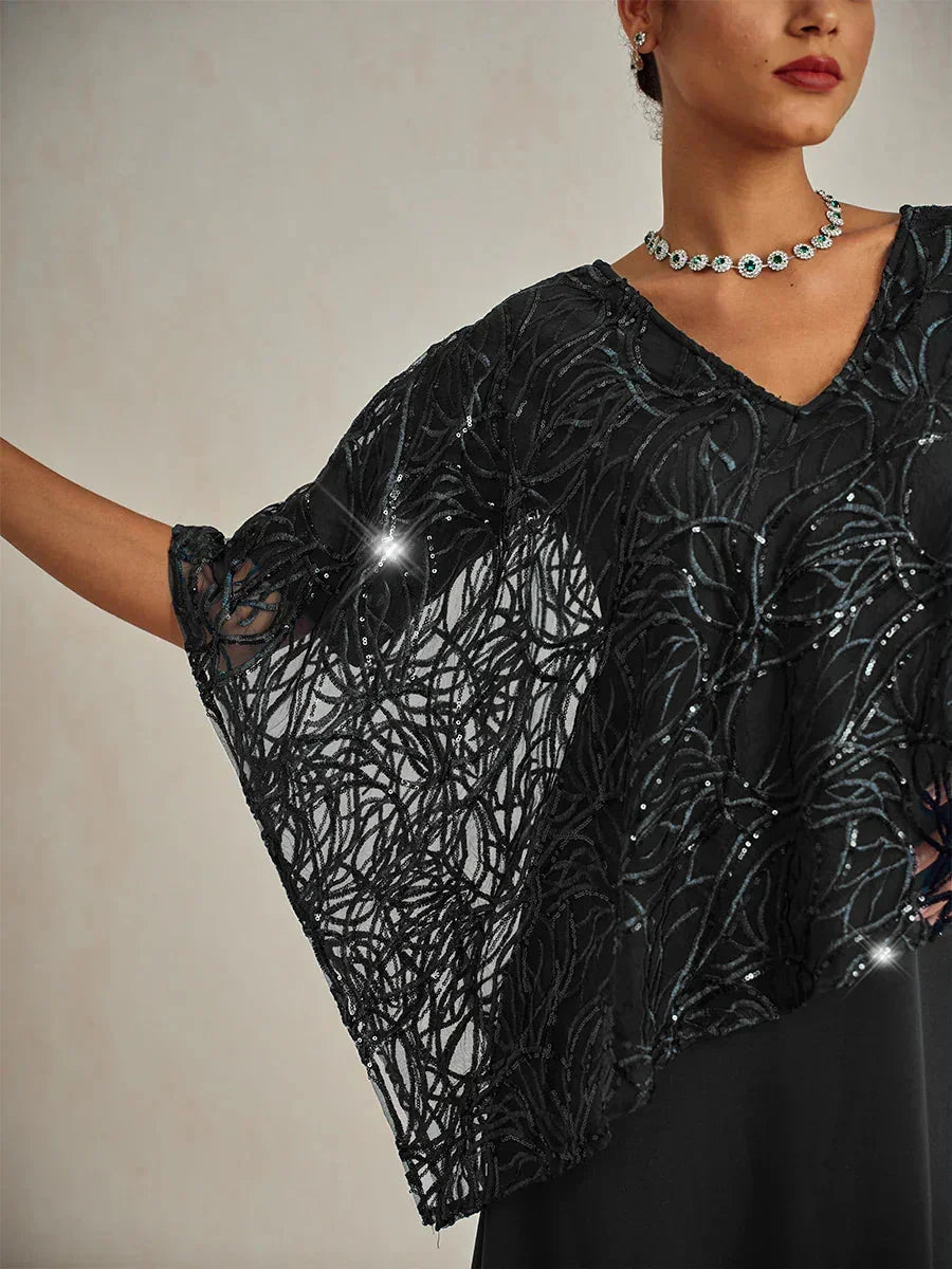 Sequin Knee Length V Neck Overlay Dress