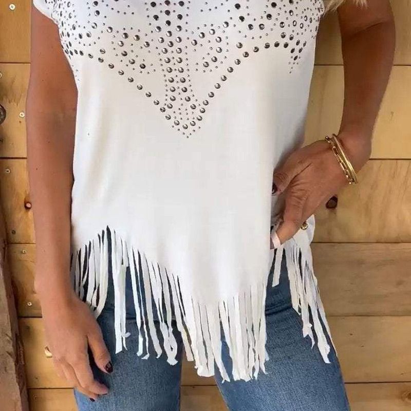 🔥HOT SALE 🔥Women's Solid Colour Short Sleeve T-shirt With Hot Print And Frayed Hem
