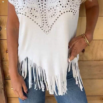 🔥HOT SALE 🔥Women's Solid Colour Short Sleeve T-shirt With Hot Print And Frayed Hem