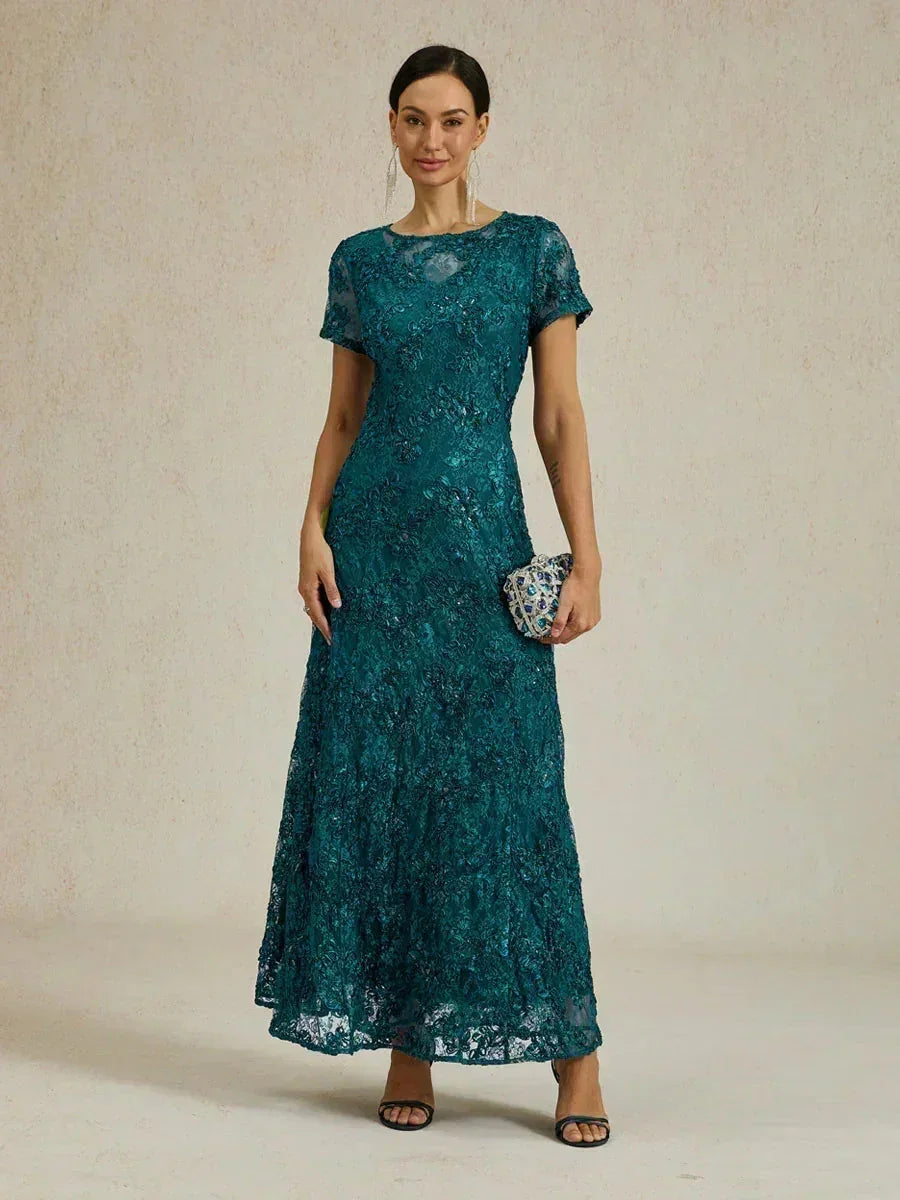 Rosette Lace A-Line Gown with Sequin Embellishment