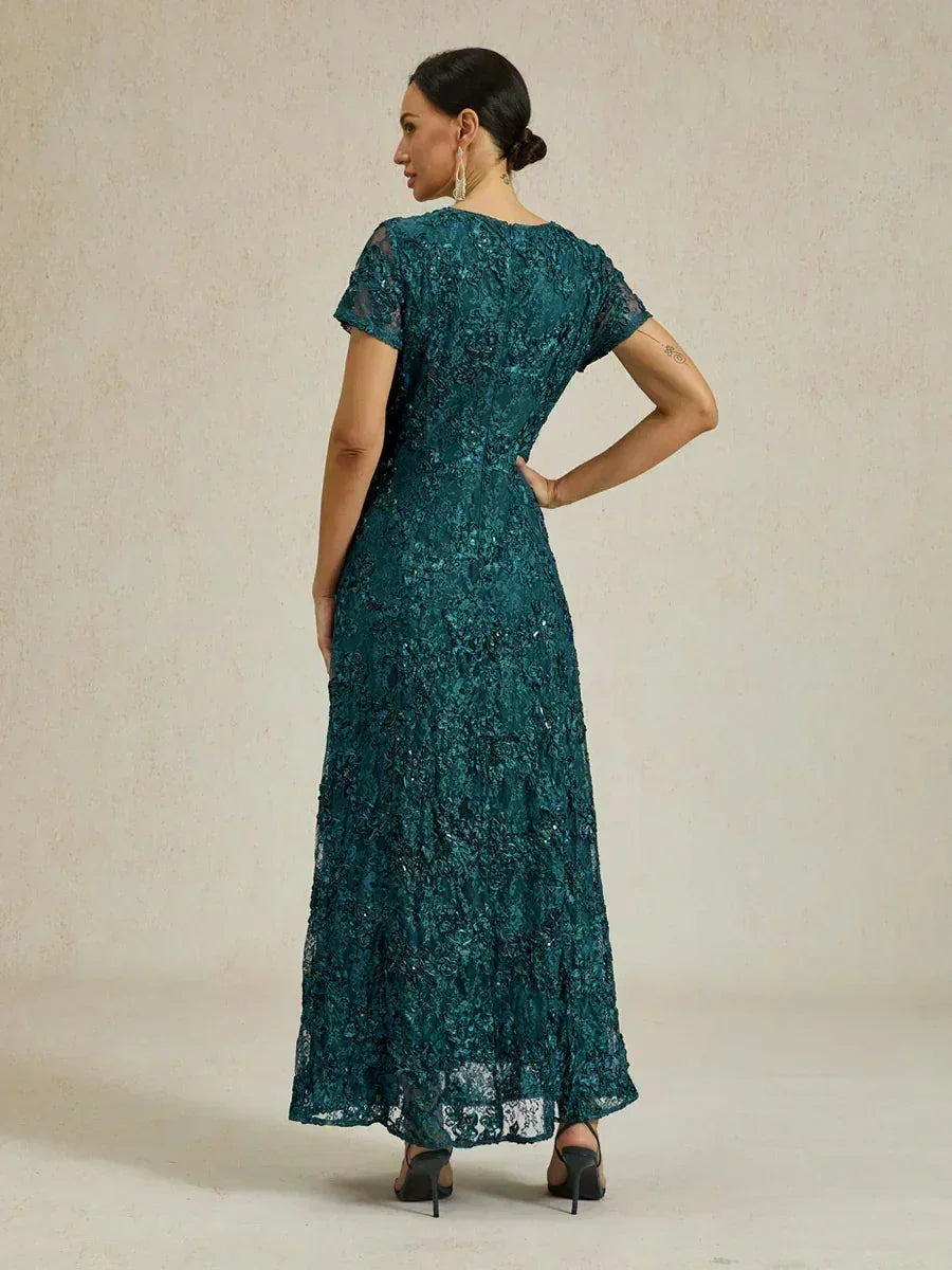 Rosette Lace A-Line Gown with Sequin Embellishment