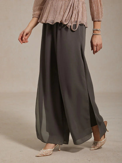 Straight Leg Pant With Chiffon Split Leg Overlay