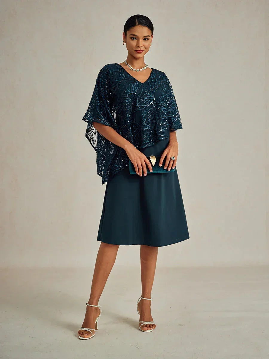 Sequin Knee Length V Neck Overlay Dress