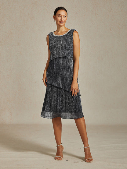 Metallic Pleated Chiffon Midi Dress with Beaded Round Neck