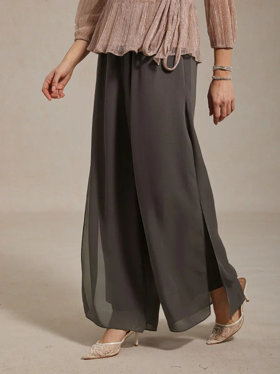 Straight Leg Pant With Chiffon Split Leg Overlay