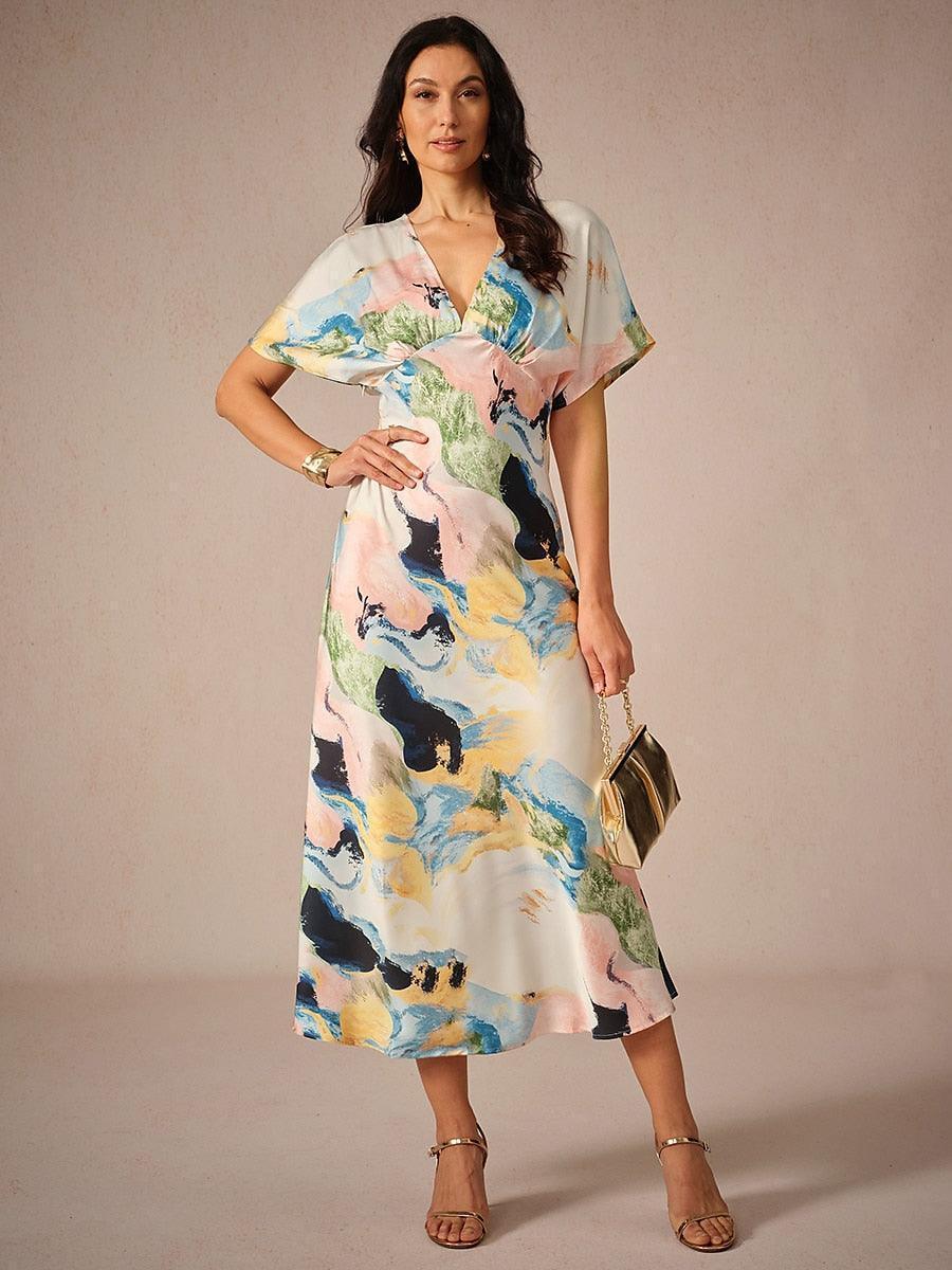 Satin Tie Dye Marble Print Maxi Dress