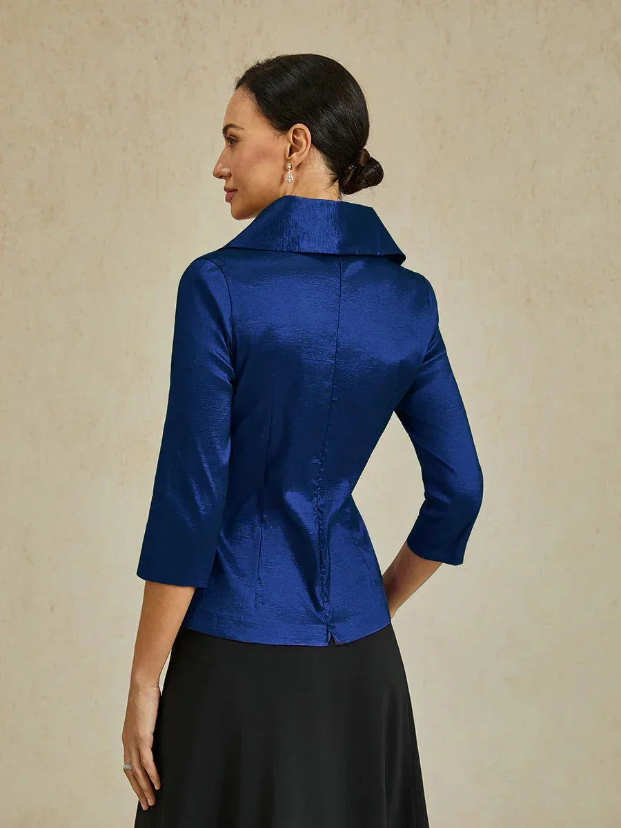 3/4 Sleeve Stretch Taffeta Blouse with Tie Waist Detail